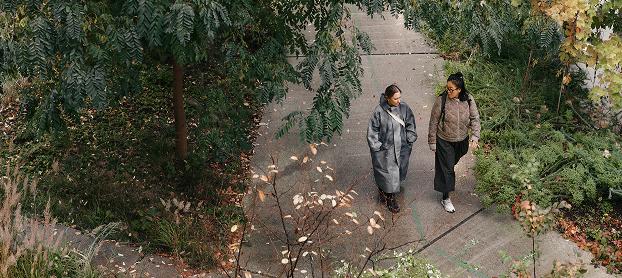 Two people wearing coats walk along a tree-lined concrete pathway surrounded by plants, viewed from above.