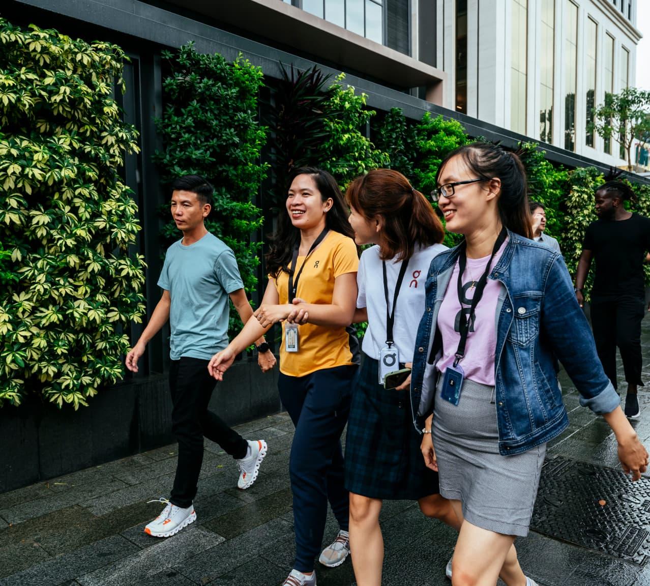 A group of people strolls