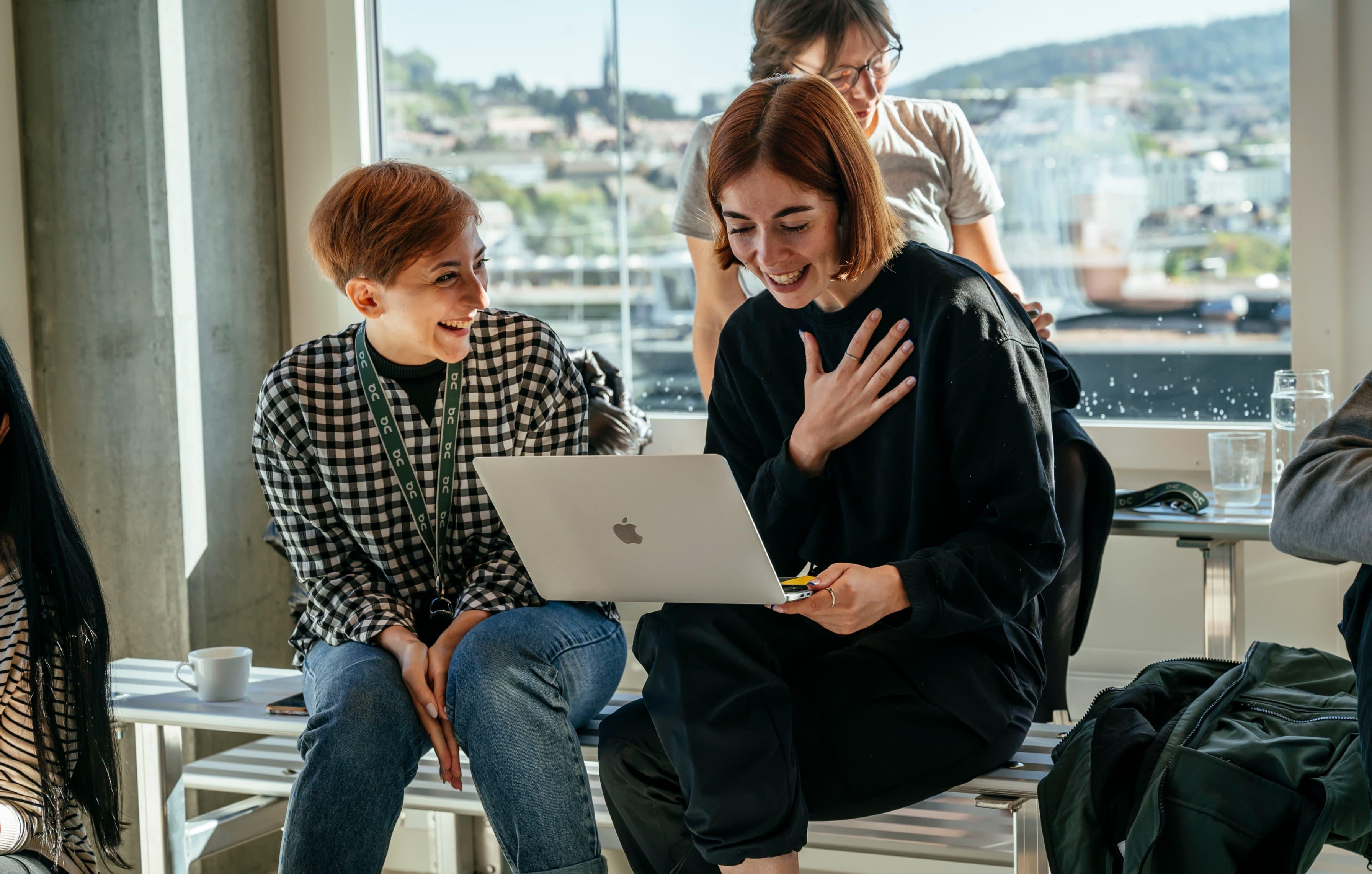 Happy women smile and work