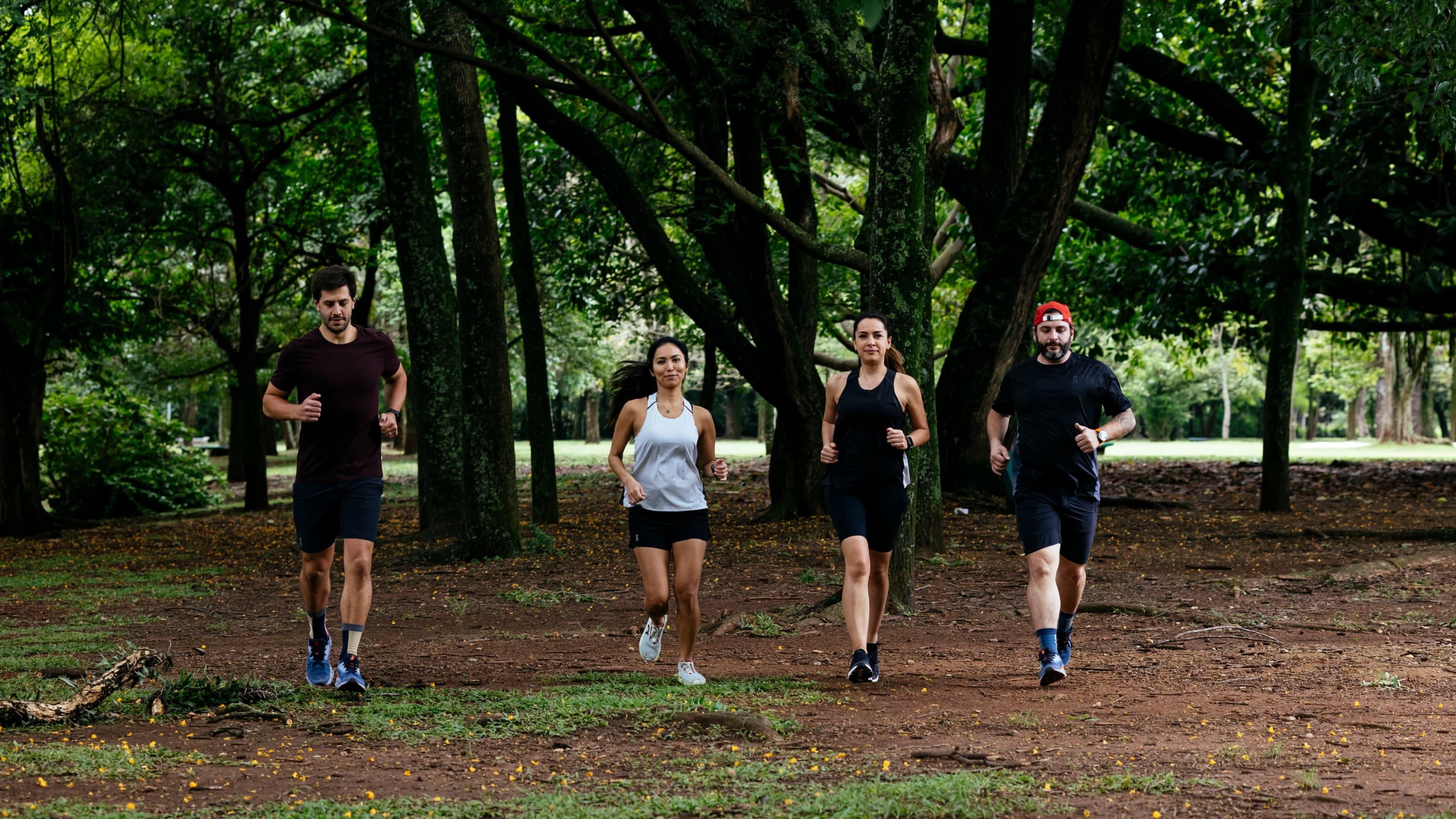 A group of people jogging in the forest