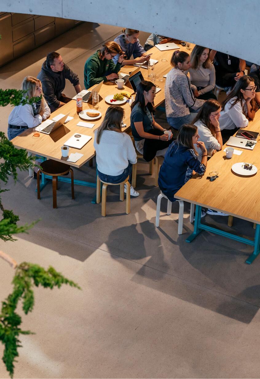 group of people sitting at long tables in modern office